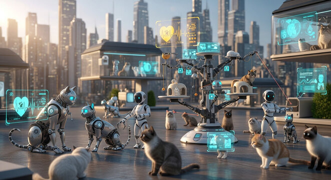 Futuristic city scene featuring robotic cats and advanced technology in a modern urban environment with digital displays