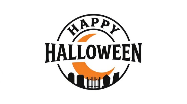 Happy halloween round stamp logo featuring crescent moon and graveyard