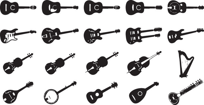 Set of black silhouettes of various string and musical instruments including guitars, violins, and harps on a white background