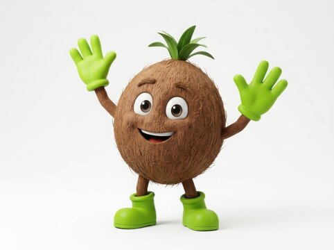 Friendly animated coconut character with green gloves and boots isolated on white background