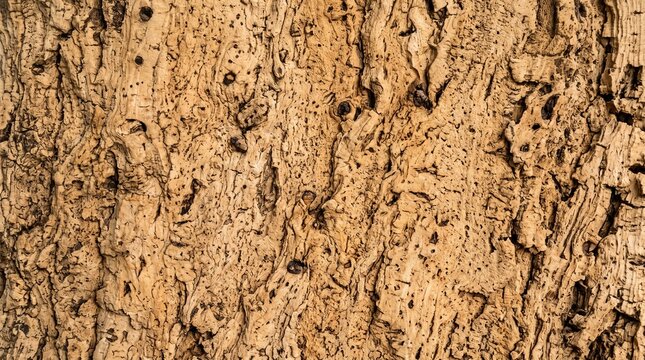 Close up texture of rough cork bark with deep grooves and small dark spots