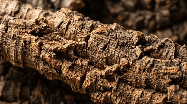 Close up of rough textured cork bark showing intricate patterns and natural details
