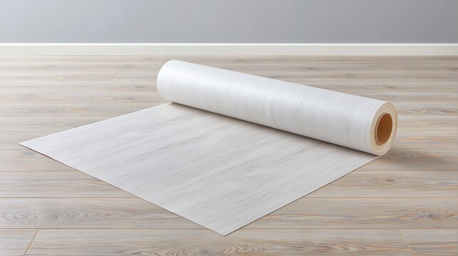 Roll of white wood laminate flooring sample on light wooden floor