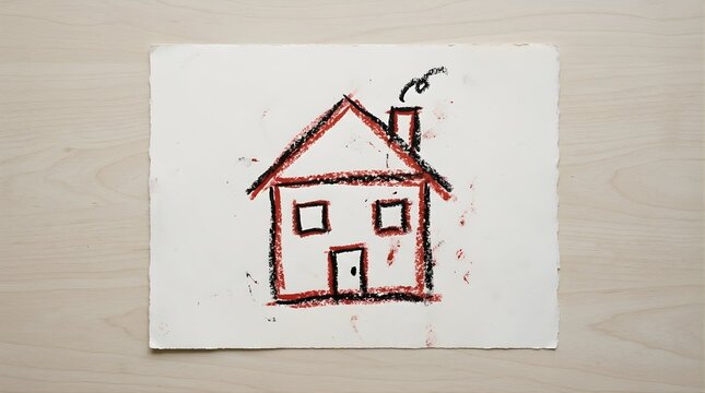 Simple house drawing made with red and black crayon on white paper