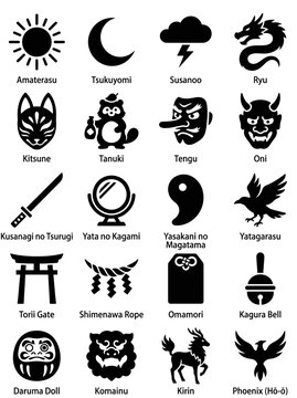 Japanese Mythology Icons Set Japanese Folklore Shinto Symbols Vector