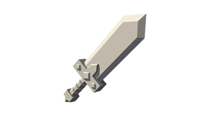 Naklejka premium A simplistic, cartoonish representation of a medieval broadsword with a thick, blocky blade and a crossguard, rendered in a flat, 3D isometric style against a white background