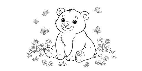 Cute bear cub surrounded by butterflies and flowers silhouette on transparent background © Sharmin