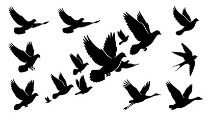 Naklejka premium Black Silhouette Vector Set of Flying Birds Pack Featuring Pigeons Doves Swallows and Cranes in Motion for Freedom Nature and Seasonal Migration Designs