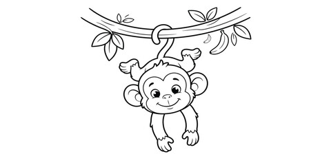Fototapeta premium Monkey hanging from vine black and white illustration on transparent background silhouette