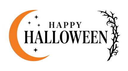 Fototapeta premium Happy halloween lettering with crescent moon and thorny branch