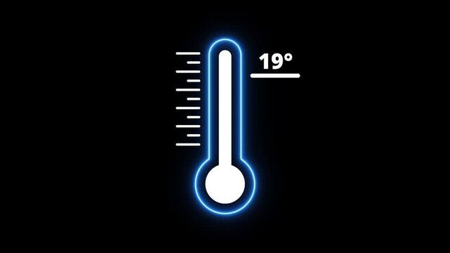 Glowing Neon thermometer icon Indicates weather temperature 19&deg;C. Thermometer equipment showing hot or cold weather. Neon blue thermometer icon with temperature.