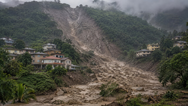 Massive Landslide and Mudflow Threatening Mountain Village After Extreme Rainfall