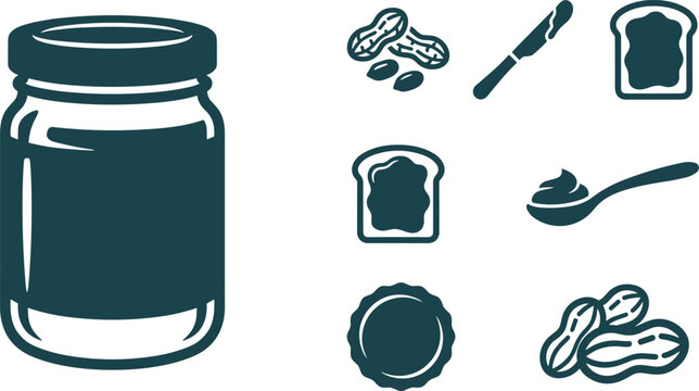 Peanut butter jar and ingredients icons set