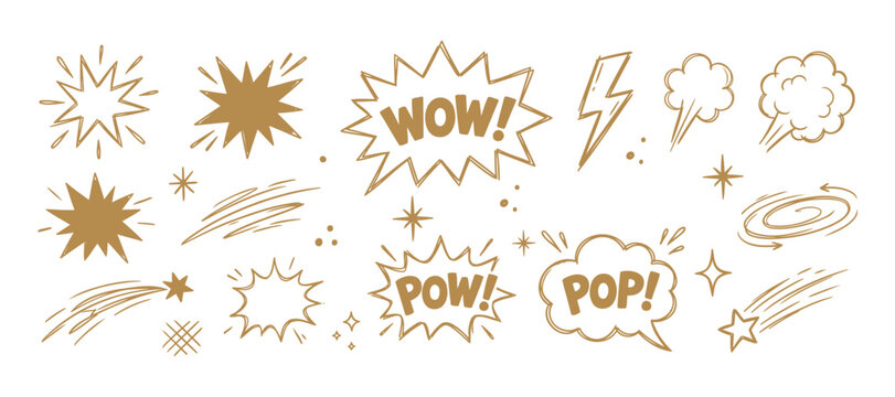 Set of comic speech bubbles and explosion starburst doodle vector illustration with speech bubble