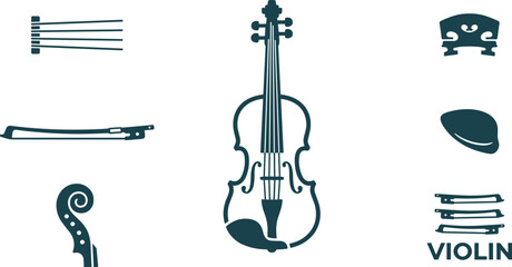 Fototapeta na wymiar Set of violin musical instrument icons including bow, bridge, scroll, and strings