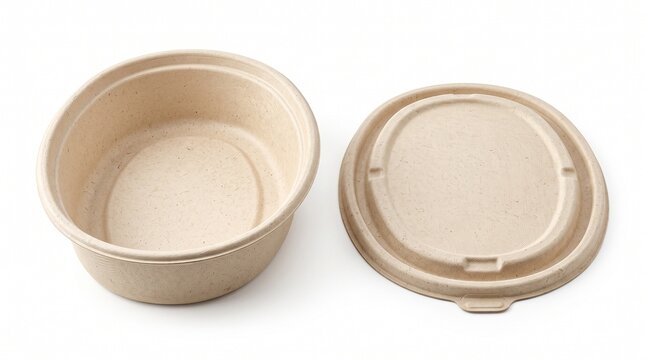 Empty oval biodegradable food container with matching lid placed