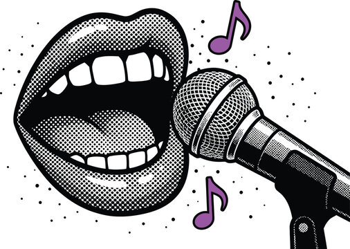 Pop art style open mouth singing into microphone with musical notes isolated on transparent background