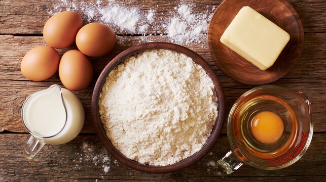 Flour in a wooden bowl sits with brown eggs milk and butter on a rustic kitchen surface during the day to show the raw supplies needed for making bread or cake