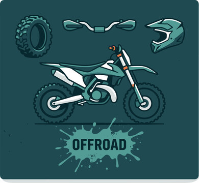Offroad motorcycle vector illustration with gear, helmet, and tire icons on a dark green background