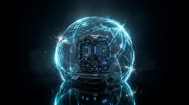 Futuristic machine core protected inside a glowing energy sphere with electric arcs