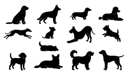 Obraz premium Dog silhouette vector collection with different breeds poses and canine pet characters