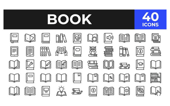 Book education line icon set representing literary study learning and library resources for digital design.