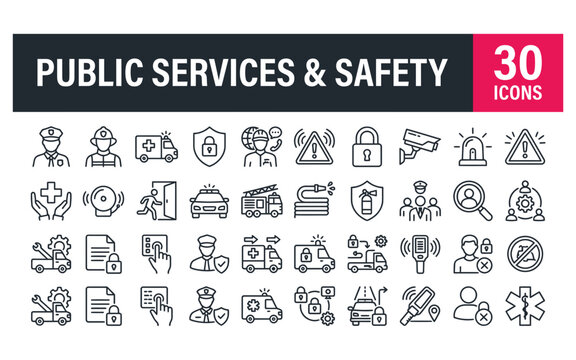 Public services and safety icons set featuring black outline vectors for security emergency systems.