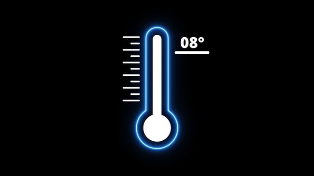 Glowing Neon thermometer icon Indicates weather temperature 8&deg;C. Thermometer equipment showing hot or cold weather. Neon blue thermometer icon with temperature.