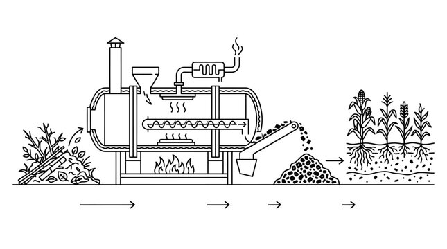 Biomass pyrolysis conversion system displaying detailed black line art process showing organic waste turning into biochar for agricultural plant soil