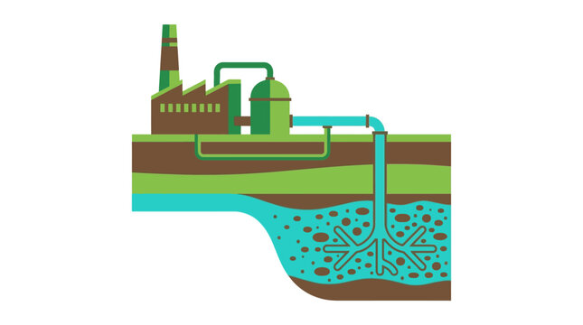 Industrial factory complex extracting groundwater from a deep aquifer using complex mechanical piping systems in a flat vector style illustration