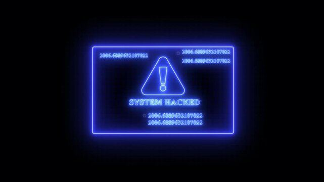 System hacked warning alert with glowing blue digital data stream and cyber security threat notification.