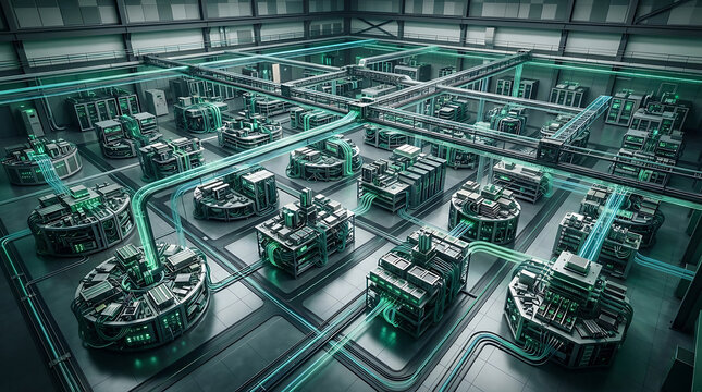 Futuristic high tech server room interior featuring circular mainframes with glowing green fiber optic cables transporting data across overhead network pipelines in vast digital intelligence center.