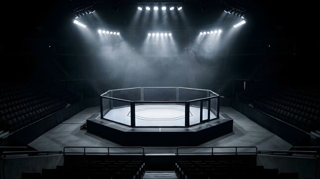 Empty octagonal fighting cage arena illuminated by bright stage lights