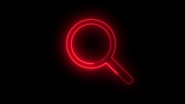 Red neon magnifying glass glowing on black background, search and discovery concept find.