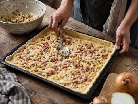 Die Zwiebel-Speck-F&uuml;llung wird gleichm&auml;&szlig;ig auf dem Teig in einem Backblech verteilt. Ein traditioneller Zubereitungsschritt f&uuml;r herzhaften deutschen Zwiebelkuchen.