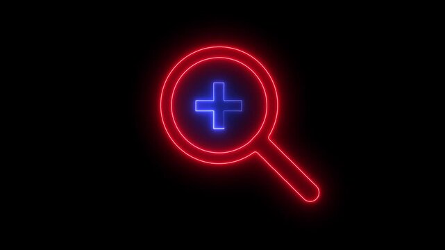 Neon glowing magnifying glass with plus sign for search and zoom interface search zoom in neon light.