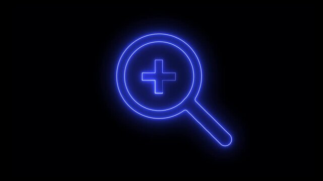 Glowing neon magnifying glass with plus sign animation for digital interface and search ui zoom in blue light.