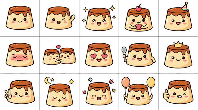 Cute Kawaii Pudding Dessert Stickers Collection.