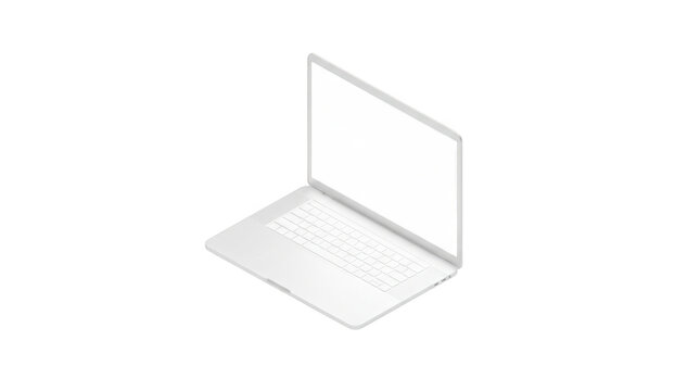 Notebook computer angled isometric perspective with white screen displayed against a plain background.