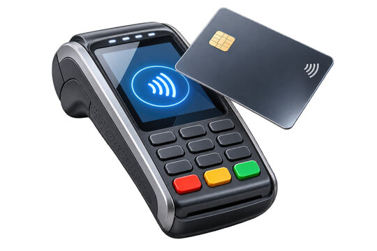 Contactless payment terminal with payment card on white background.