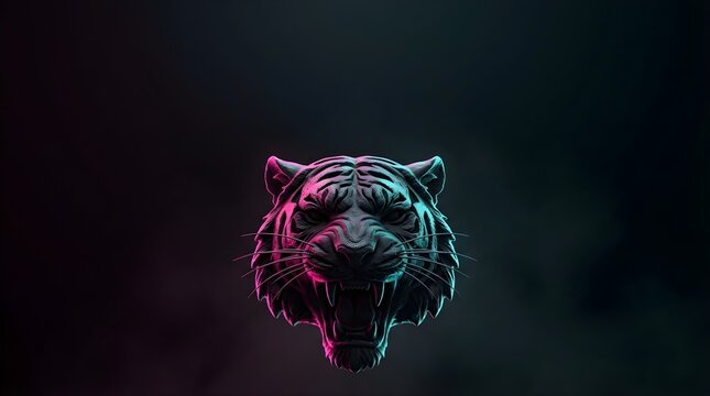 Fierce neon tiger head portrait with vibrant pink and blue lighting