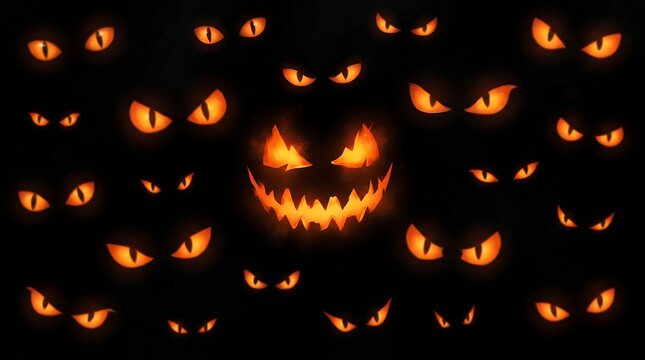 Spooky glowing eyes and a sinister jackolantern smile emerging from the darkness, perfect for halloween themes and horrorinspired designs