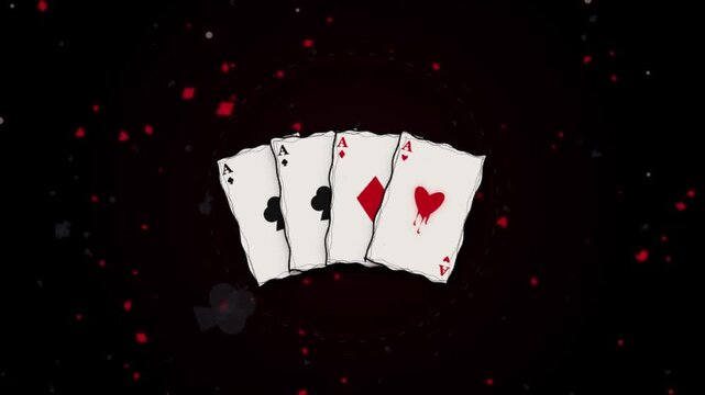 Four aces playing cards animation with falling suit symbols on black background, poker gambling casino