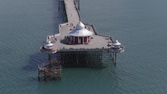 Aerial view of Garth Pier in Bangor. Grade II listed British Victorian pier in the north of Wales, United Kingdom
