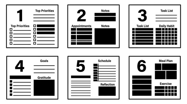 Set of six minimalist daily planner templates with productivity sections.