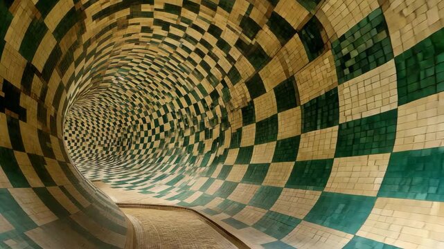 Abstract spiral tunnel formed by alternating green and beige checkered tiles producing a calming depth illusion refined geometry and bright even lighting