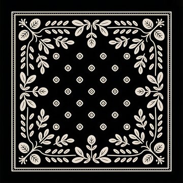 Black and white bandana pattern with floral and botanical folk art motifs