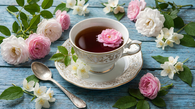 Cup of tea with pink roses on a rustic blue wooden table illustration