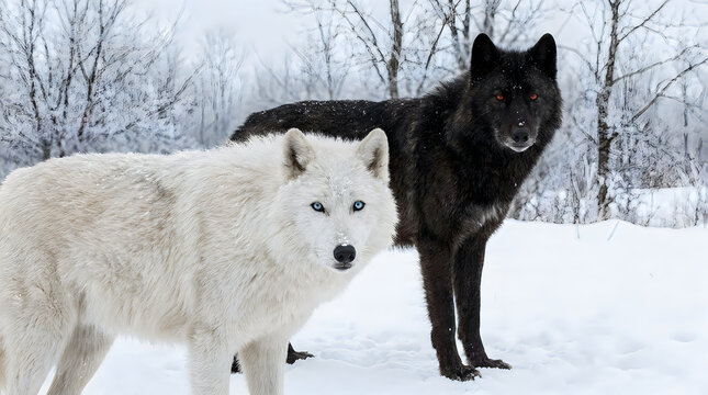 Black and white wolves standing together in snowy forest illustration