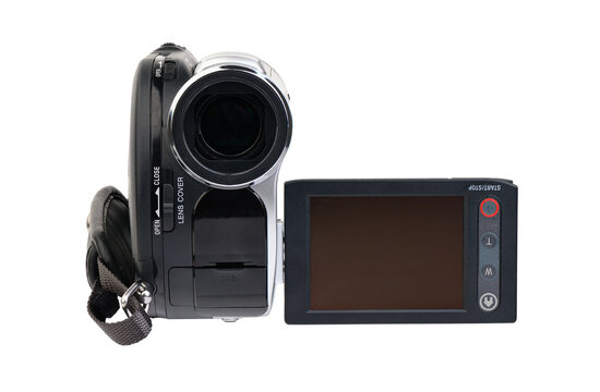 Vintage digital camcorder with open LCD screen isolated on white.